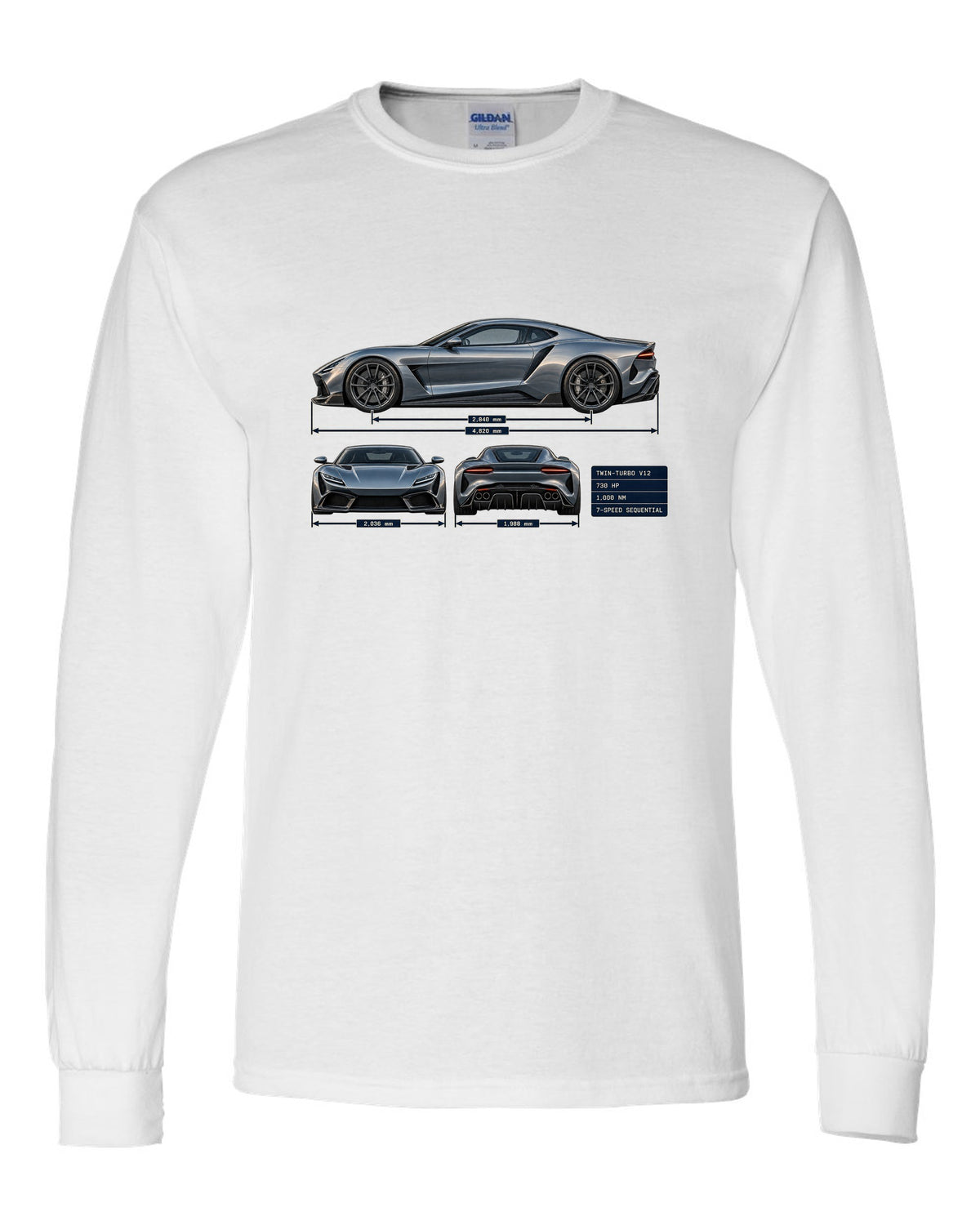 Three-view and spec table print of the Pagani Huayra coupe with 730 hp, 1,000 Nm, seven-speed sequential white long sleeve front view with the design