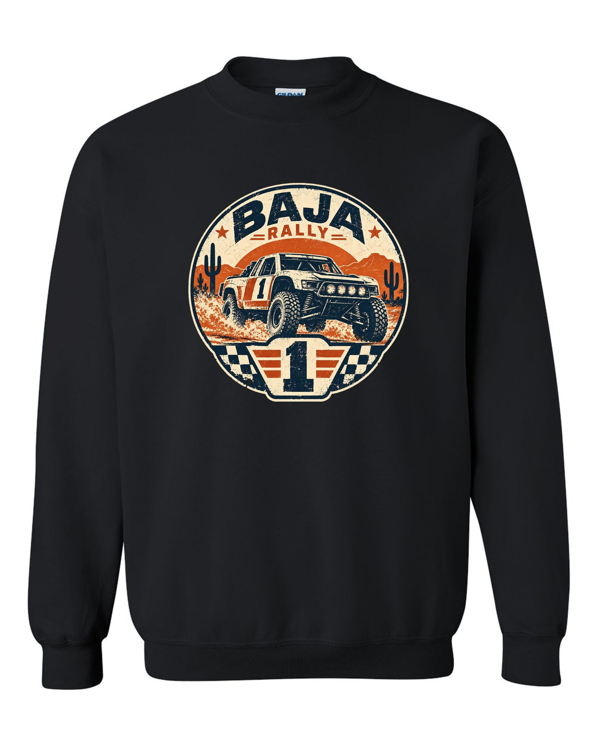 Stencil street-art of a 2022 Ford Bronco off-road race truck with 15 PSI AIRED DOWN lettering black crewneck front view with the design