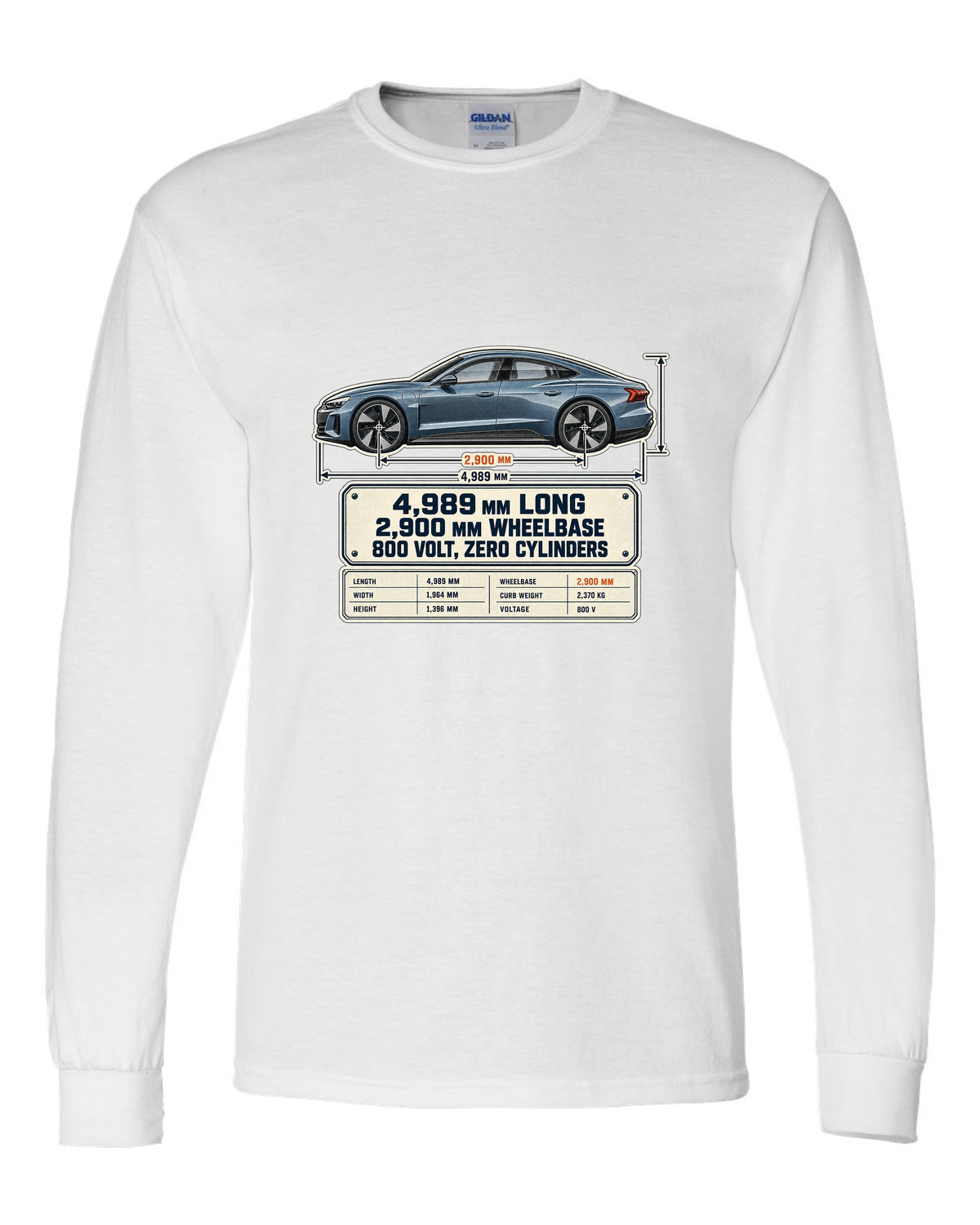 Audi RS e-tron GT J1 dimension blueprint print design white long sleeve front view with the design