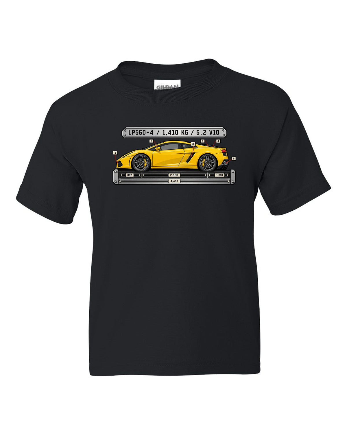 Spec-sheet data plate design for a Lamborghini Gallardo LP560-4 with weight and engine text black kids tee front view with the design