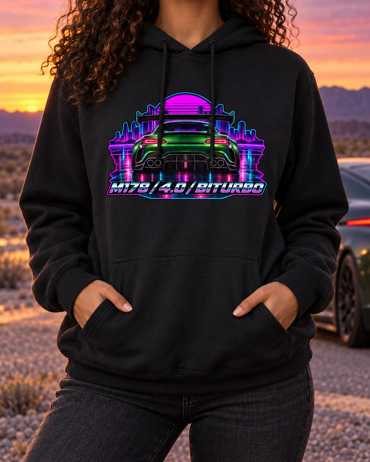Mercedes AMG GT C190 Engine Bay Cyanotype Blueprint Shirt Pull Over Hoodie Black worn hero