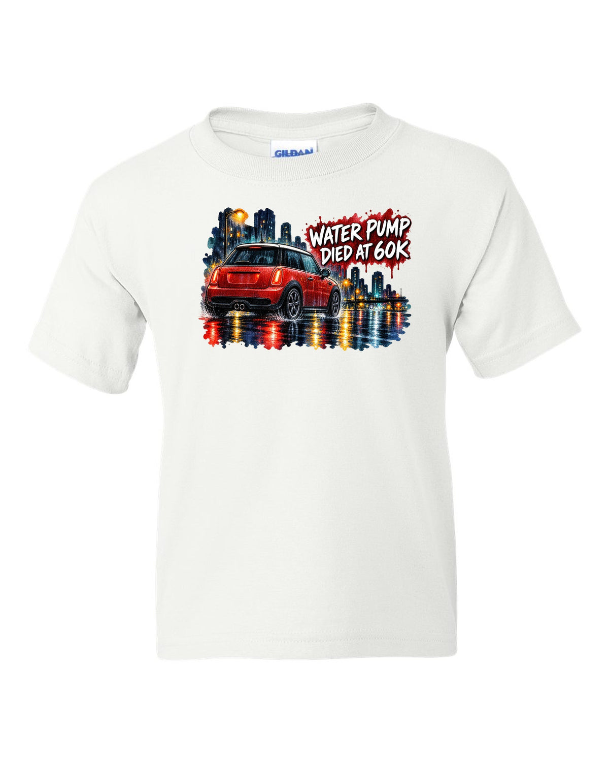 Watercolour night scene of a Mini Cooper S R56 on a wet road white kids tee front view with the design