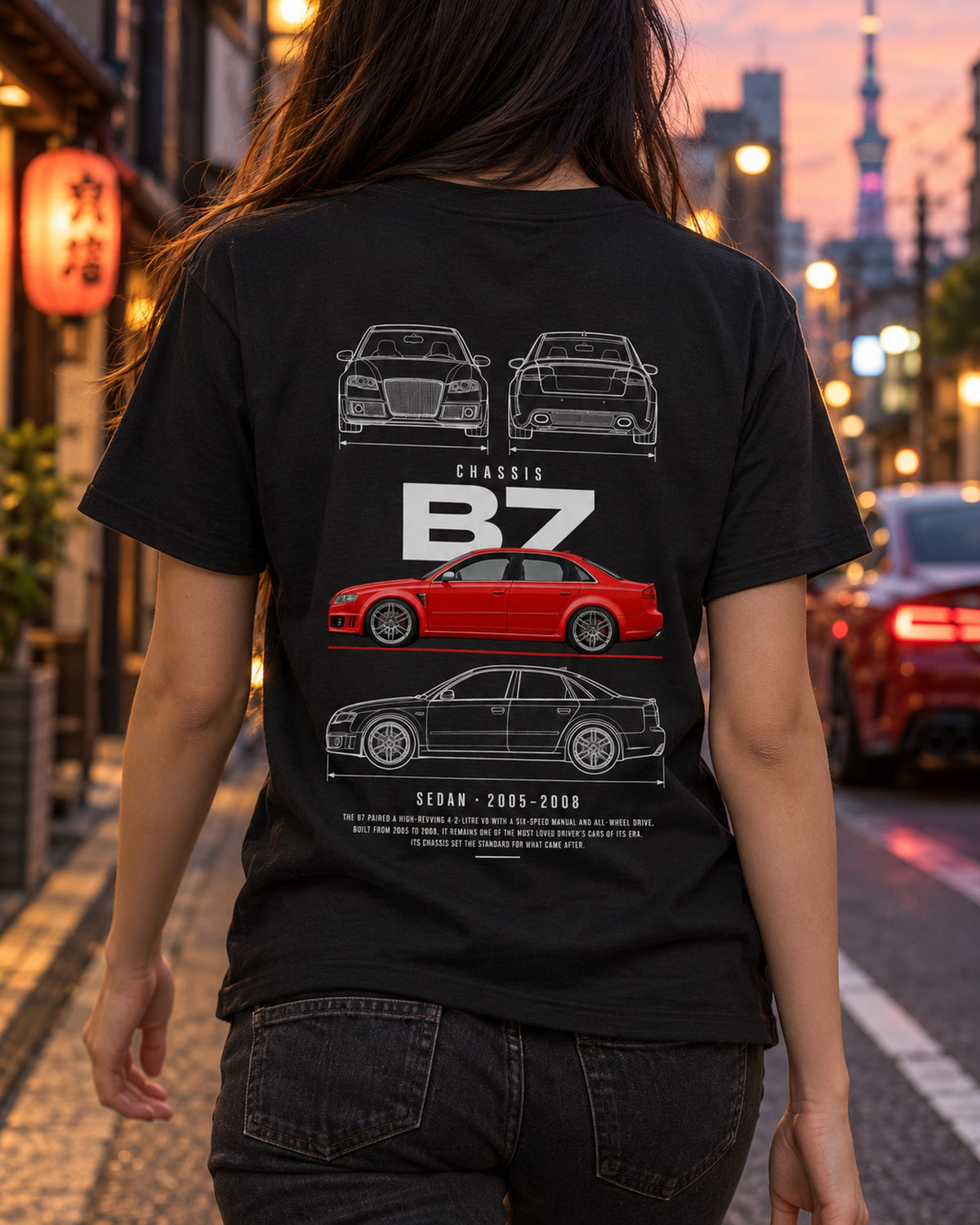 Audi B7 RS4 sedan Blueprint Full-Back Graphic Tee, B7 Chassis Code T-Shirt Black worn hero