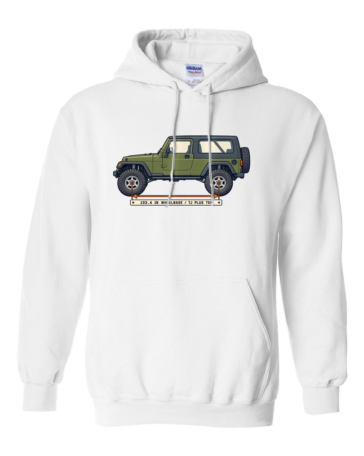 Patent-style line drawing of a Jeep Wrangler LJ Unlimited with 103.4 IN WHEELBASE TJ PLUS TEN lettering white pull over hoodie front view with the design
