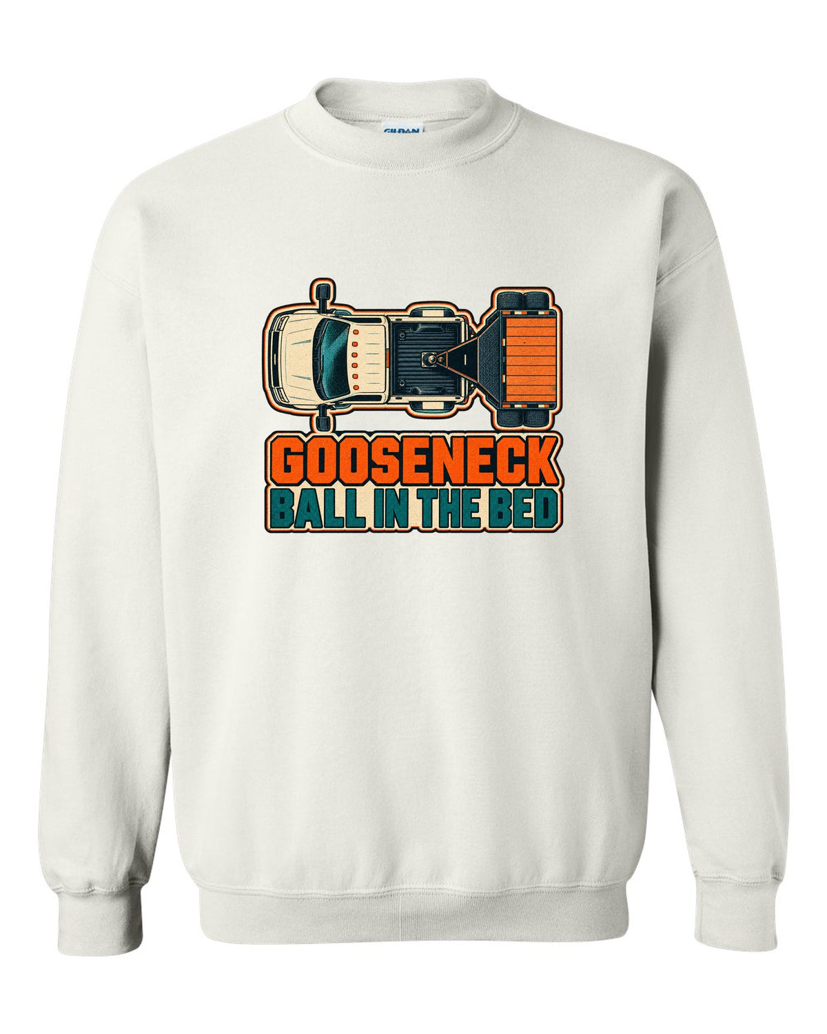 Top-down risograph print of a 2019-2024 Ram HD 3500 long bed with gooseneck ball in the bed text white crewneck front view with the design