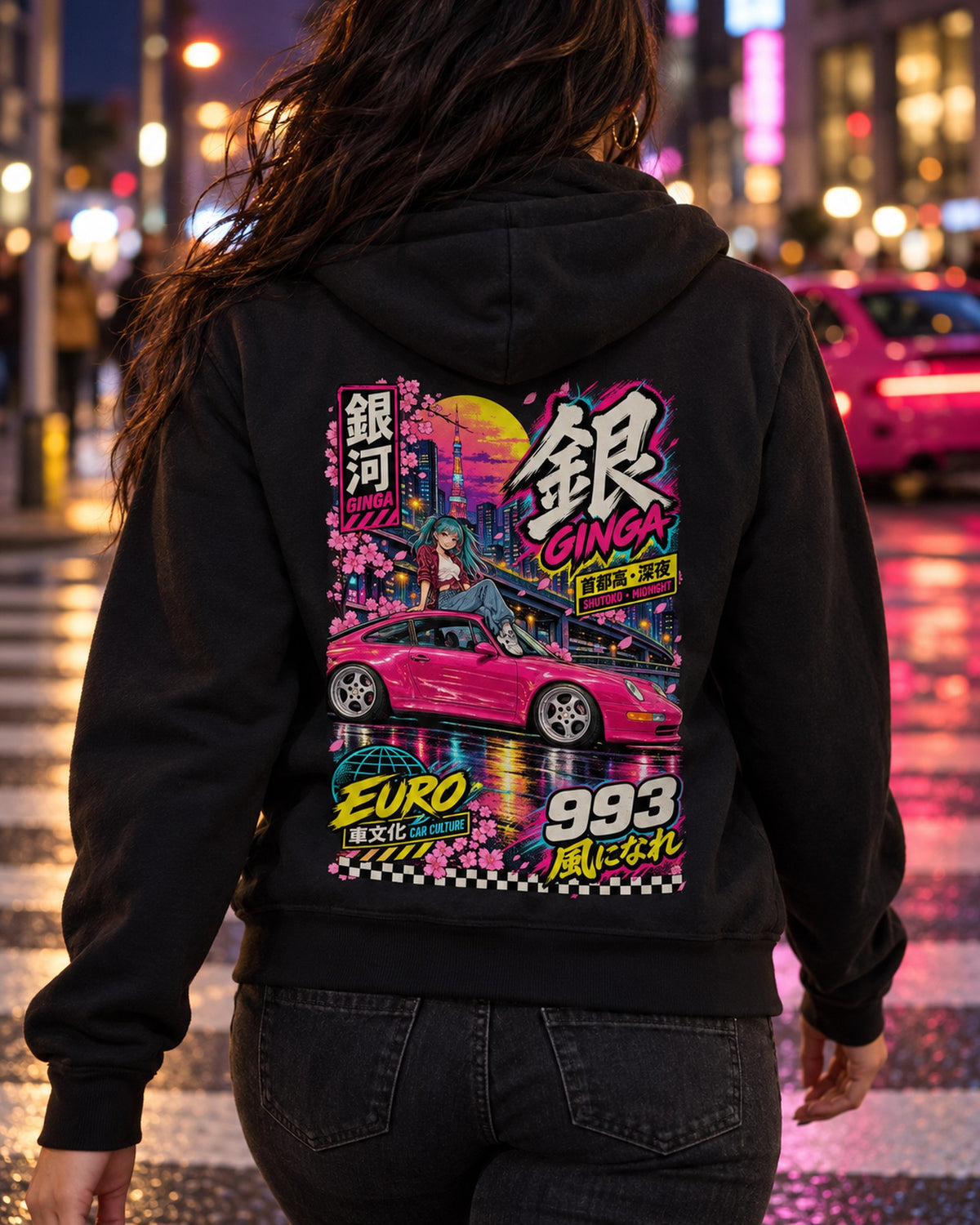 GINGA 993 Anime Girl Full-Back Graphic Tee Zip Hoodie Black worn hero