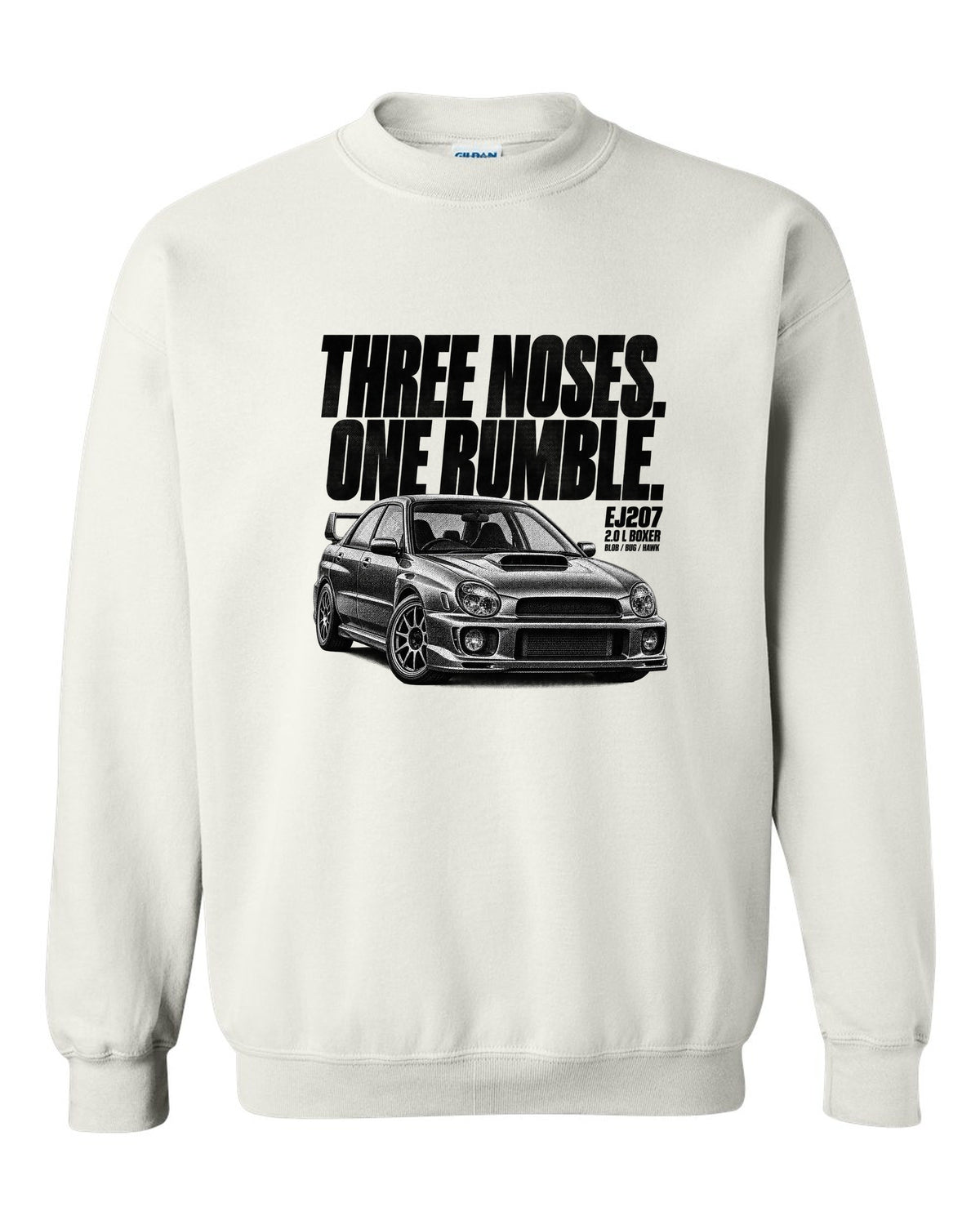 Halftone print of a Subaru Impreza WRX STi GDB with Blob Bug Hawk lettering white crewneck front view with the design