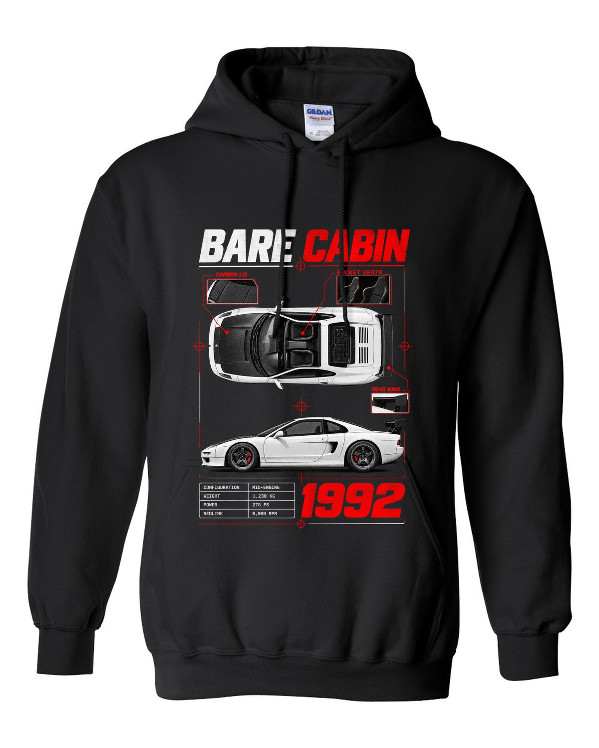 Spec poster print for the 1992 Honda NSX-R NA1 listing bare cabin, bucket seats and carbon lid black pull over hoodie front view with the design