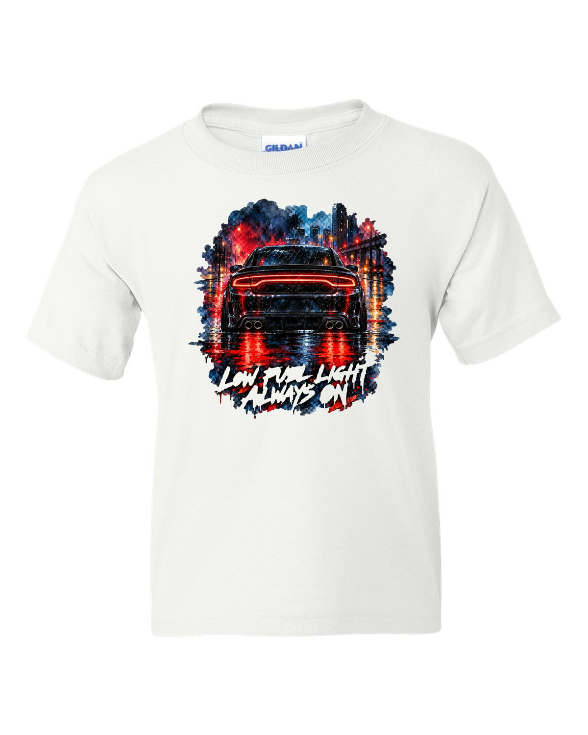 Watercolour wet-road night scene of the taillights of a 2015 Dodge Charger Scat Pack white kids tee front view with the design