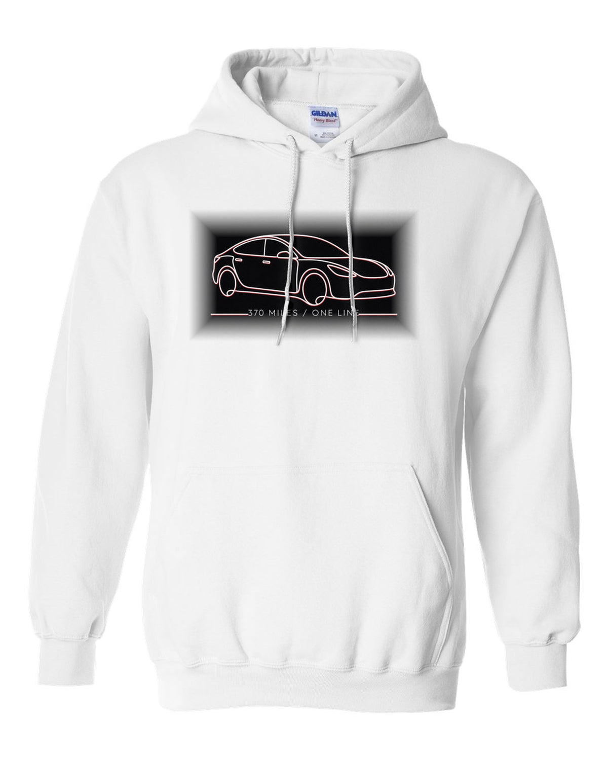 Continuous single-line contour drawing of a 2019 Tesla Model S Raven with the words 370 Miles One Line white pull over hoodie front view with the design