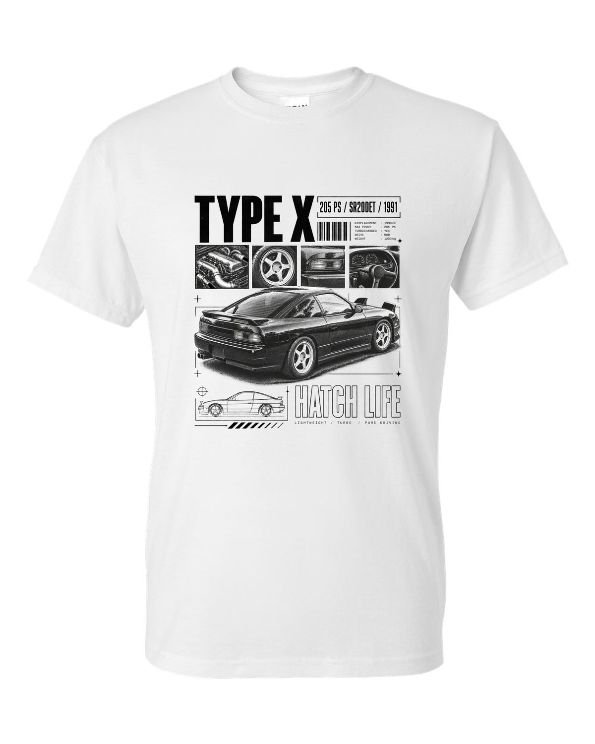 Dossier panels of a Nissan 180SX Type X with 205 PS, SR20DET and 1991 lettering white t-shirt front view with the design