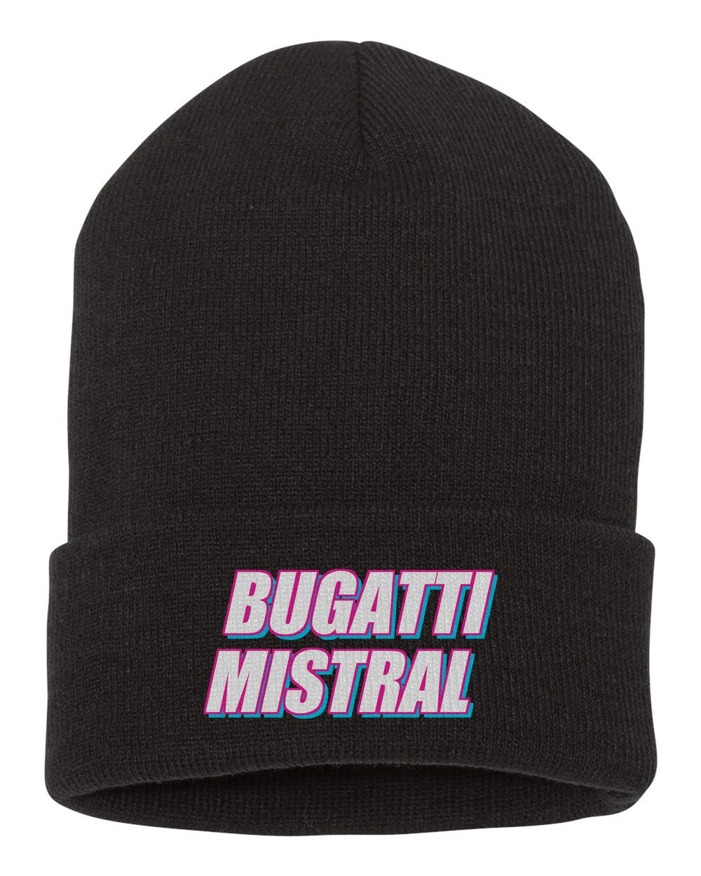 Bugatti Mistral black beanie front view with car name