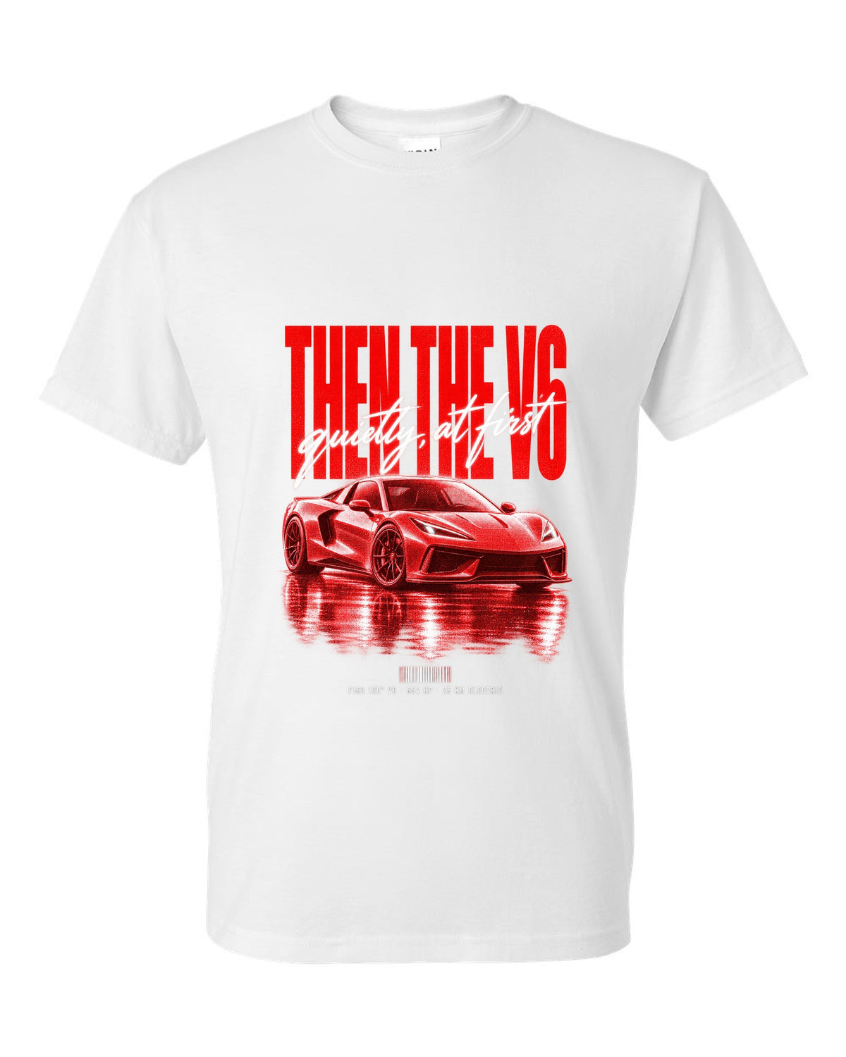 Ferrari 296 GTB 2022 street poster print, F163 120 degree V6, 654 HP, 25 km electric white t-shirt front view with the design