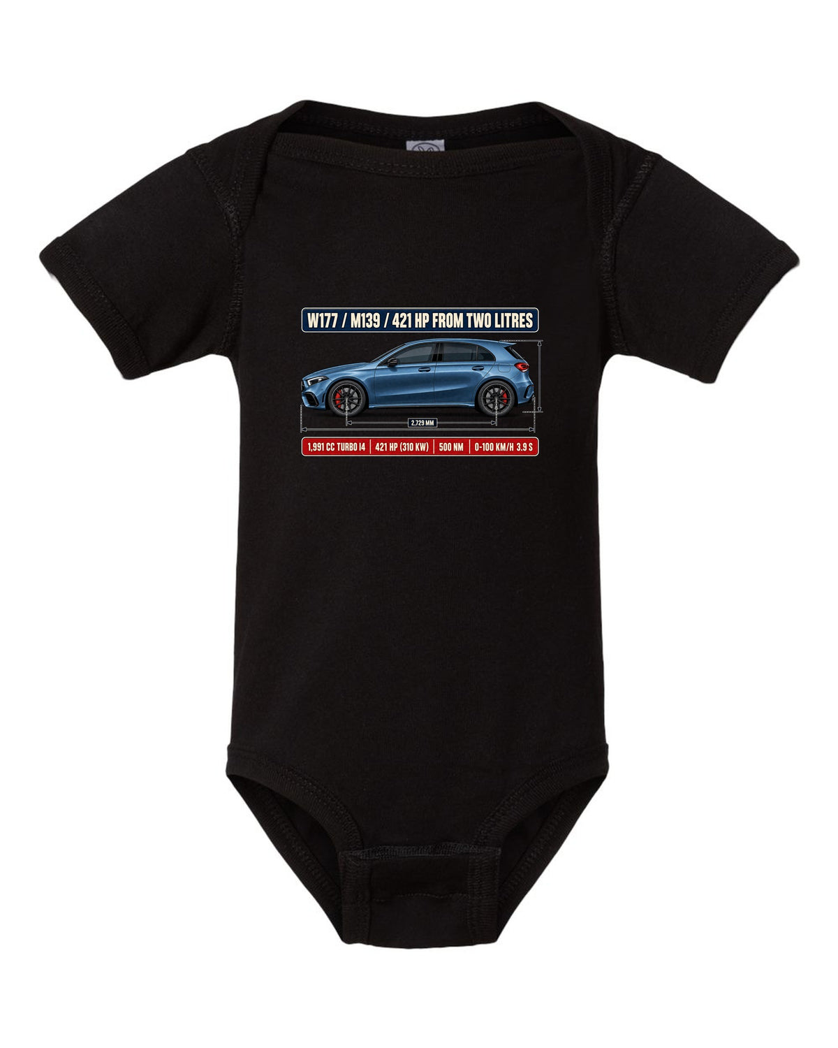 Mercedes-AMG A45 S W177 chback dimension blueprint print black baby onesie front view with the design