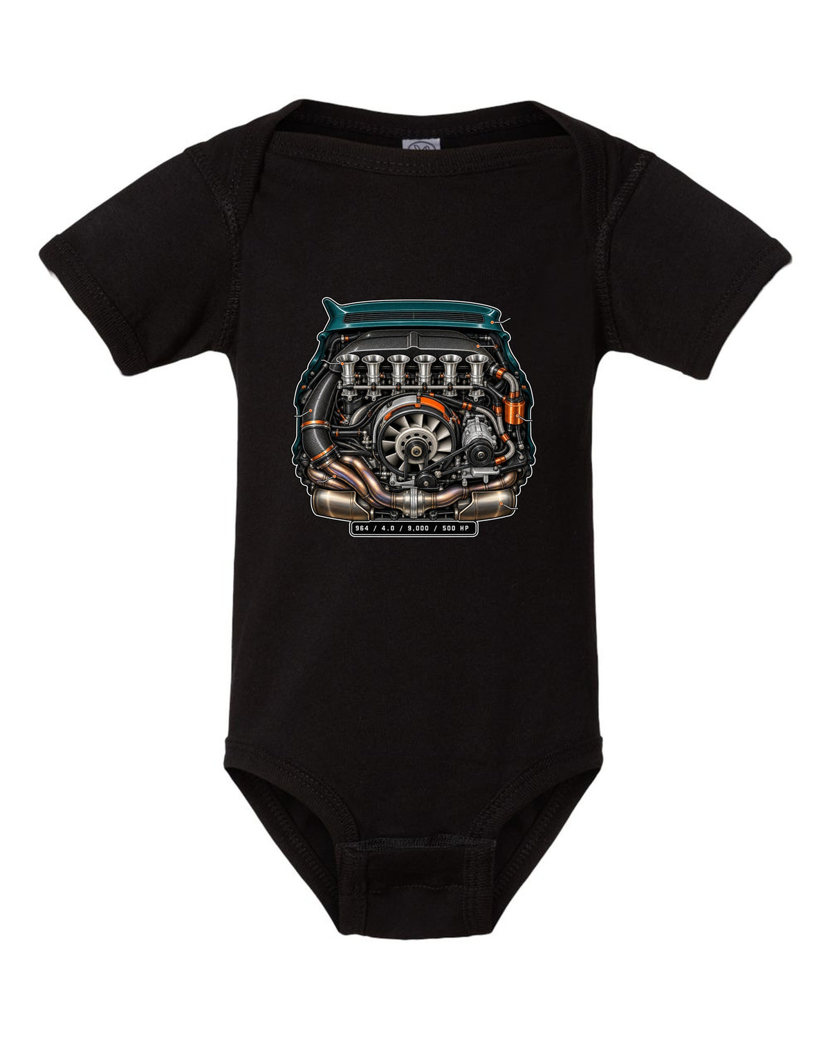 Porsche 911 SC 3.0 embroidery-style crest design reading head stud roulette black baby onesie front view with the design