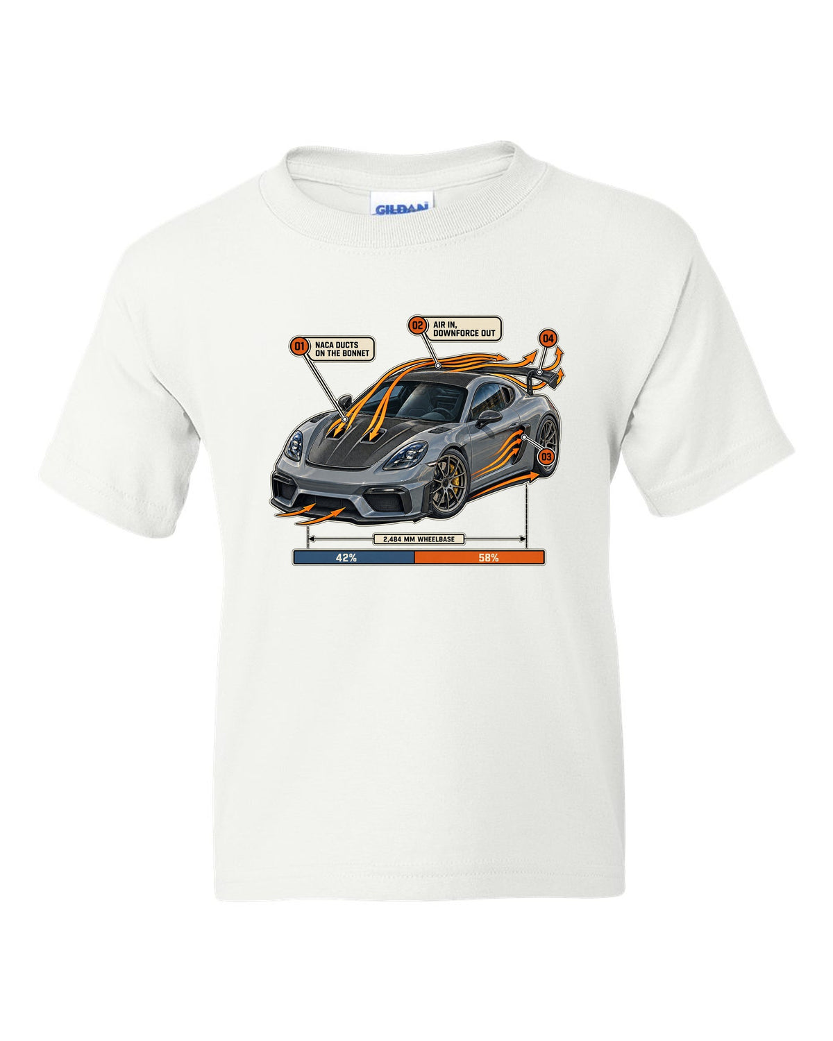 Airflow callout print of a Porsche 718 Cayman GT4 RS Weissach package white kids tee front view with the design