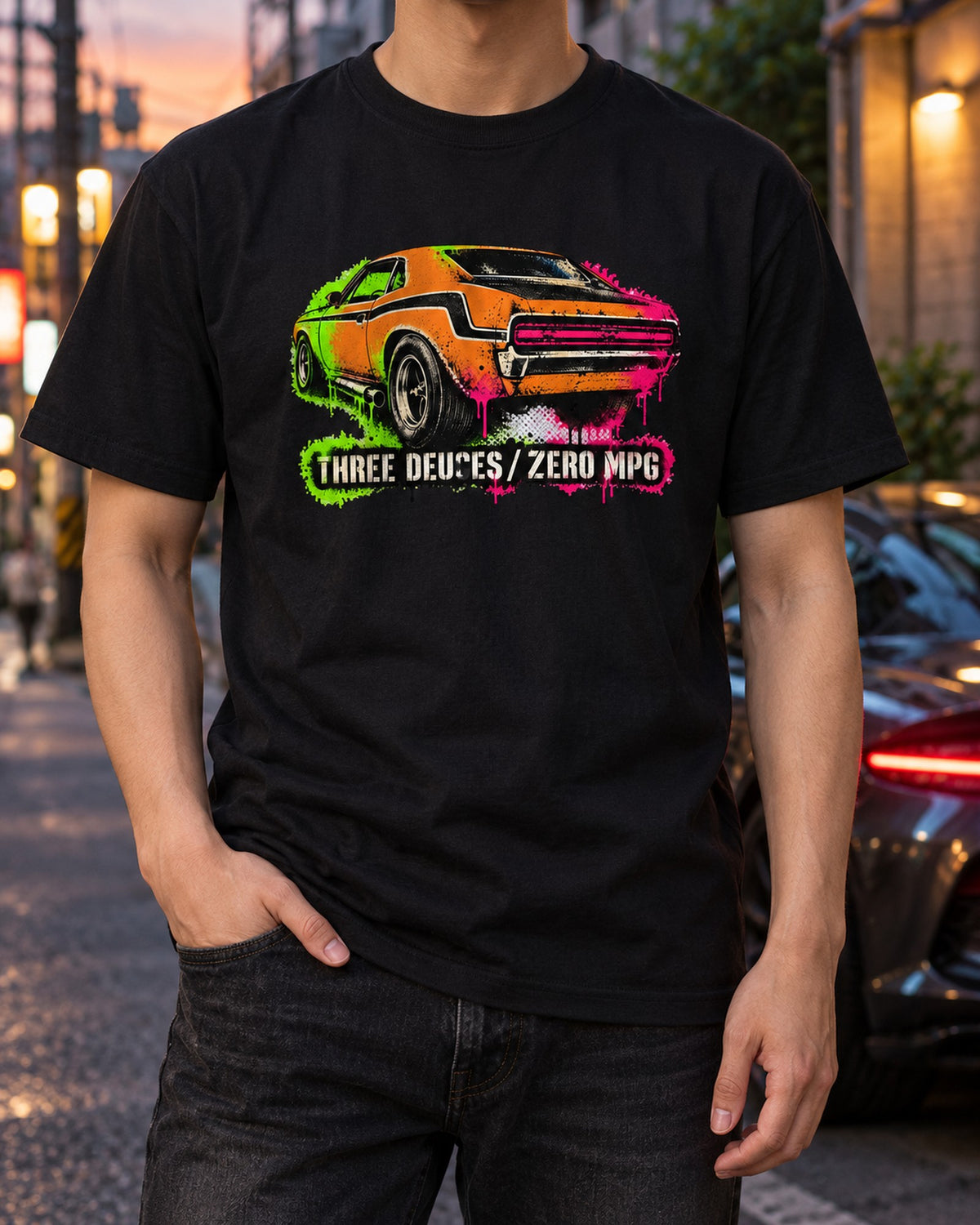 1970 Dodge Challenger T/A Stencil Spray Shirt, Three Deuces T-Shirt Black worn hero