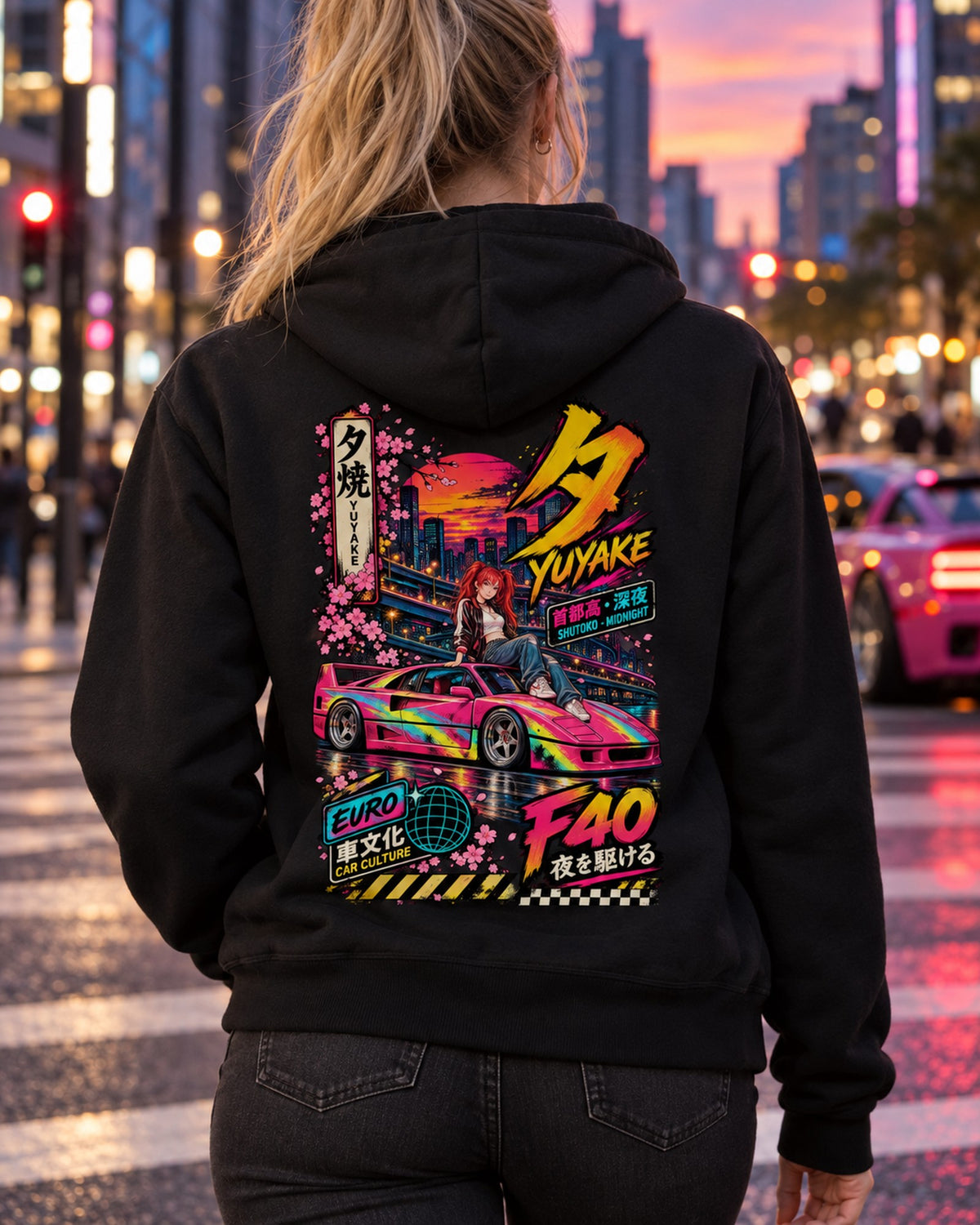 YUYAKE F40 Anime Girl Full-Back Graphic Tee Zip Hoodie Black worn hero