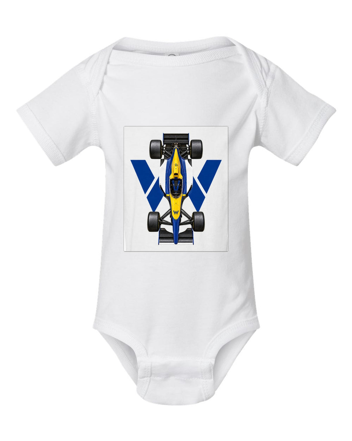Williams FW15C 1993 Formula 1 overhead poster artwork white baby onesie front view with the design