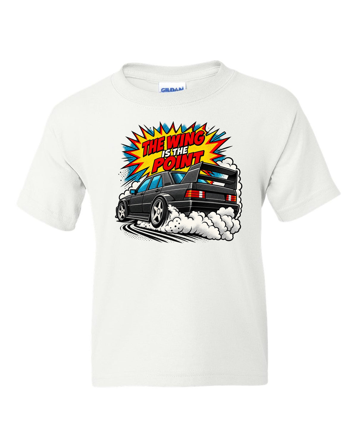 Comic halftone pop-art print of a Mercedes 190E Evo II W201 with rear wing white kids tee front view with the design