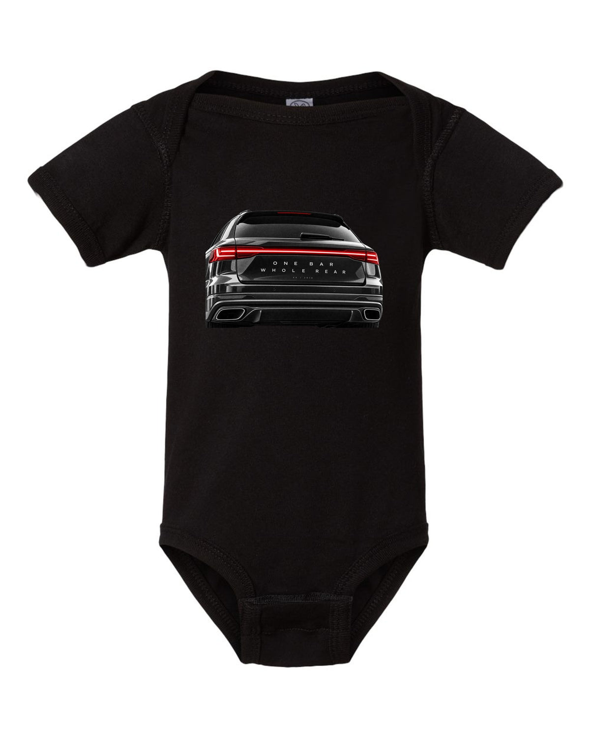 Taillight macro print of the Audi RS6 Avant C8 rear light bar black baby onesie front view with the design