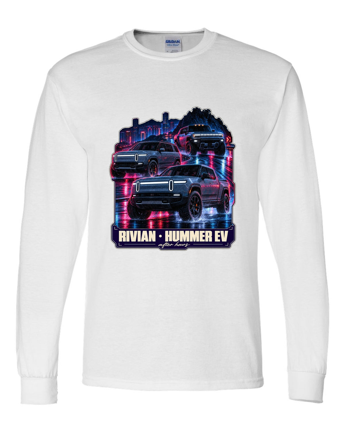 Night street print of the Range Rover Sport SV L461 on a wet road at 2 AM white long sleeve front view with the design