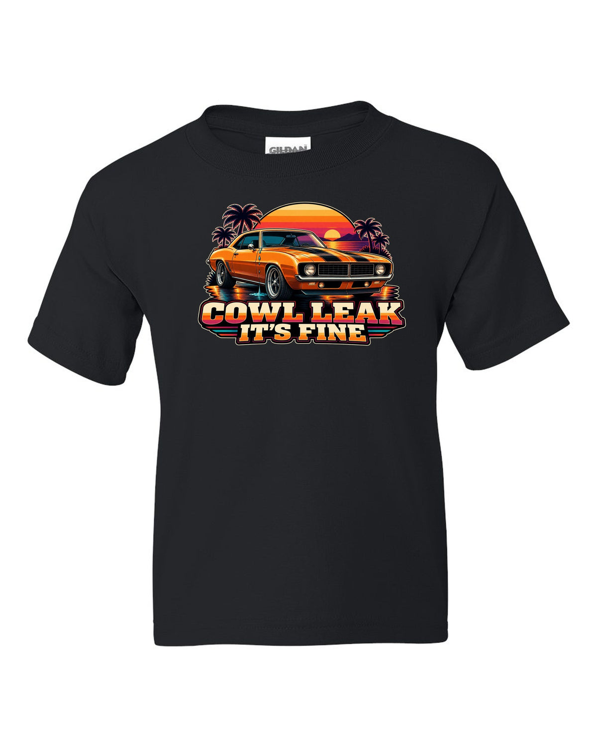 Retro banded sunset illustration of a 1969 Chevrolet Camaro coupe with cowl leak lettering black kids tee front view with the design