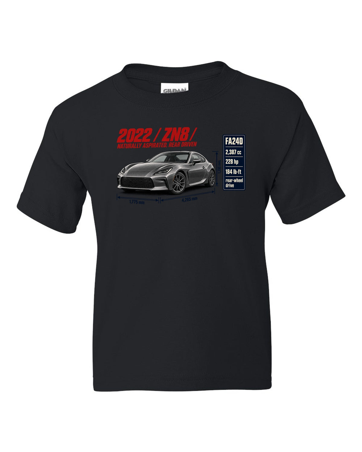 Spec poster layout for a 2022 Toyota GR86 ZN8, poster-style print black kids tee front view with the design