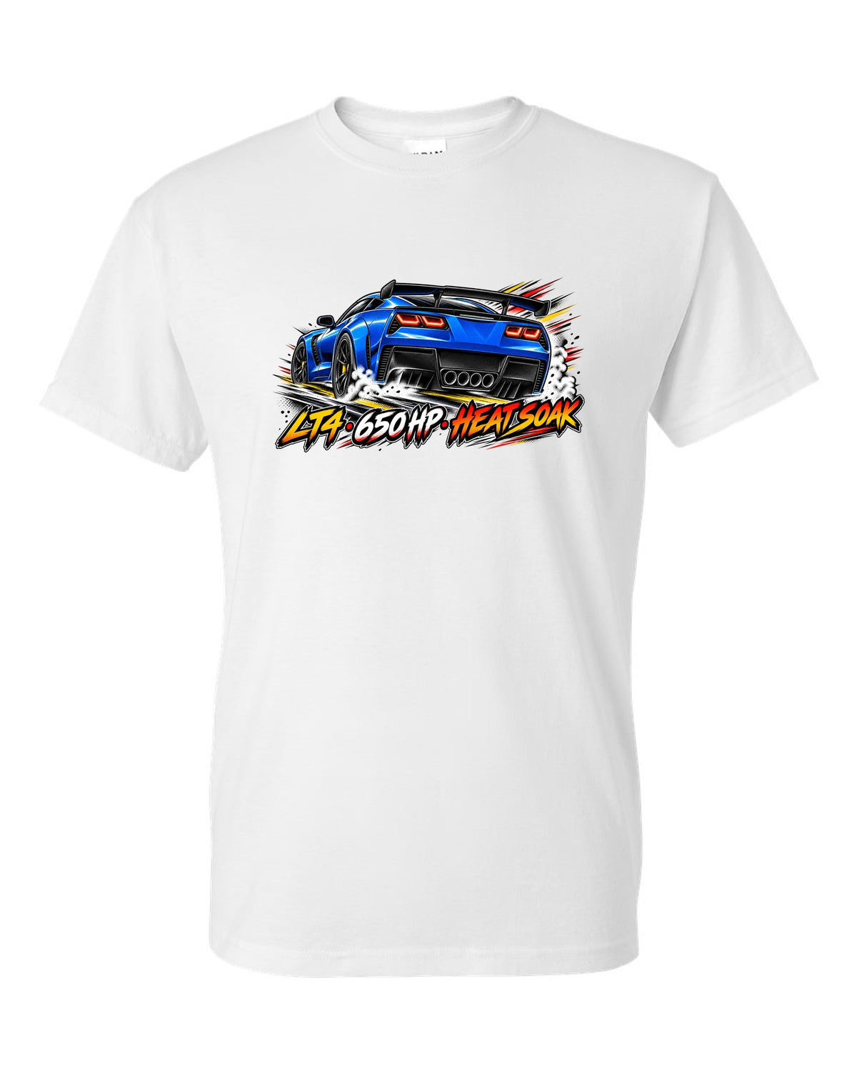 Retro manga halftone panel print of a 2016 Chevrolet Corvette C7 Z06 with LT4 650 HP heat soak lettering white t-shirt front view with the design