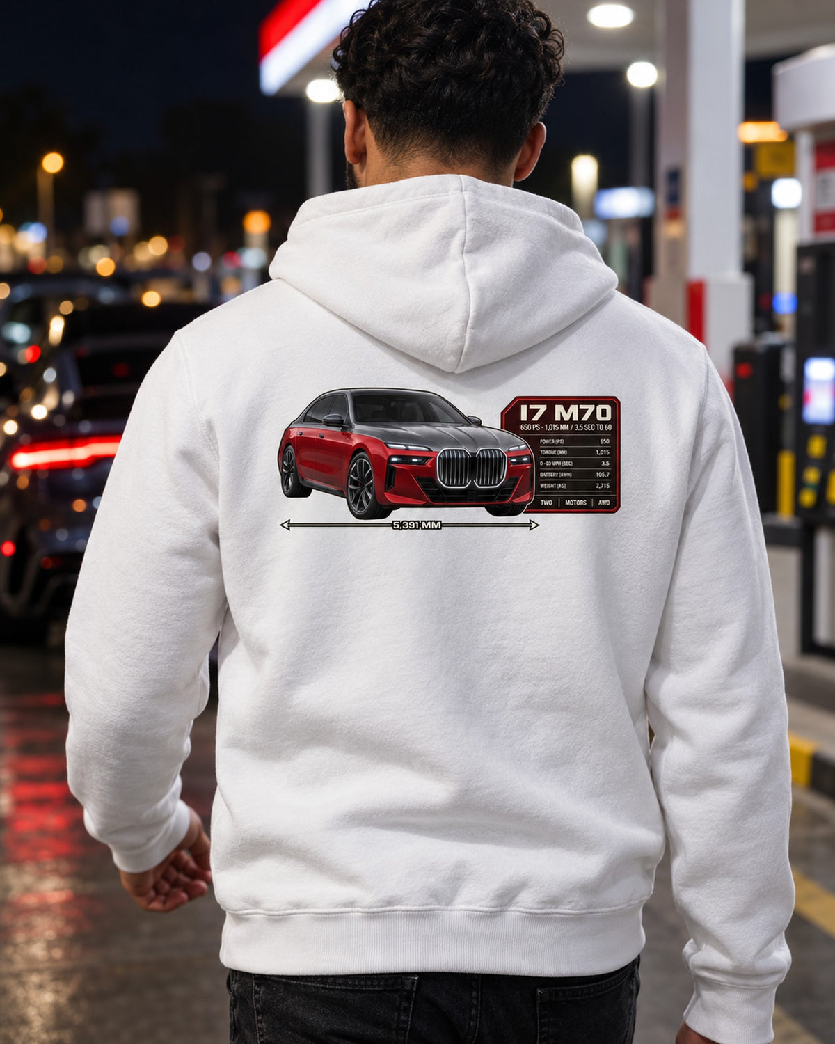 BMW i7 M70 xDrive G70 Spec Poster Shirt, 650 PS Print Zip Hoodie White worn hero