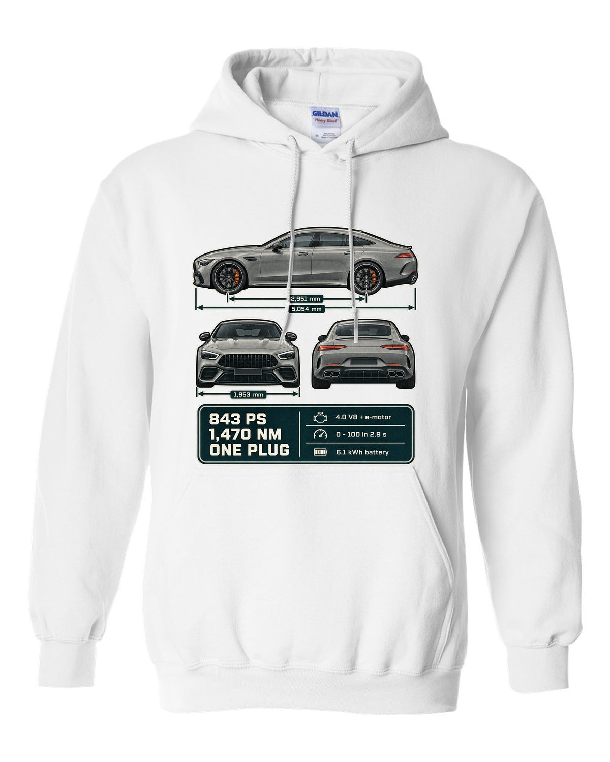 Mercedes-AMG GT 63 S E Performance 4-Door three-view warm grey print white pull over hoodie front view with the design
