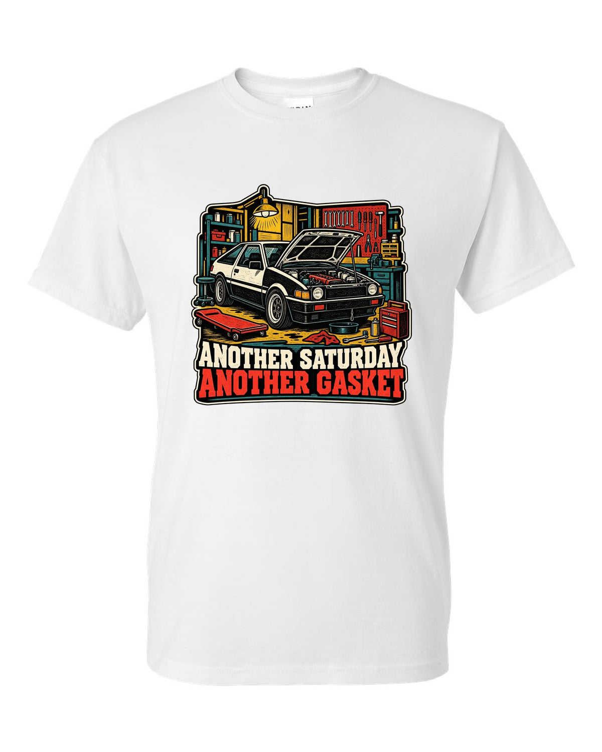 Linocut woodcut-style Toyota Corolla Levin AE86 with garage Saturday slogan white t-shirt front view with the design