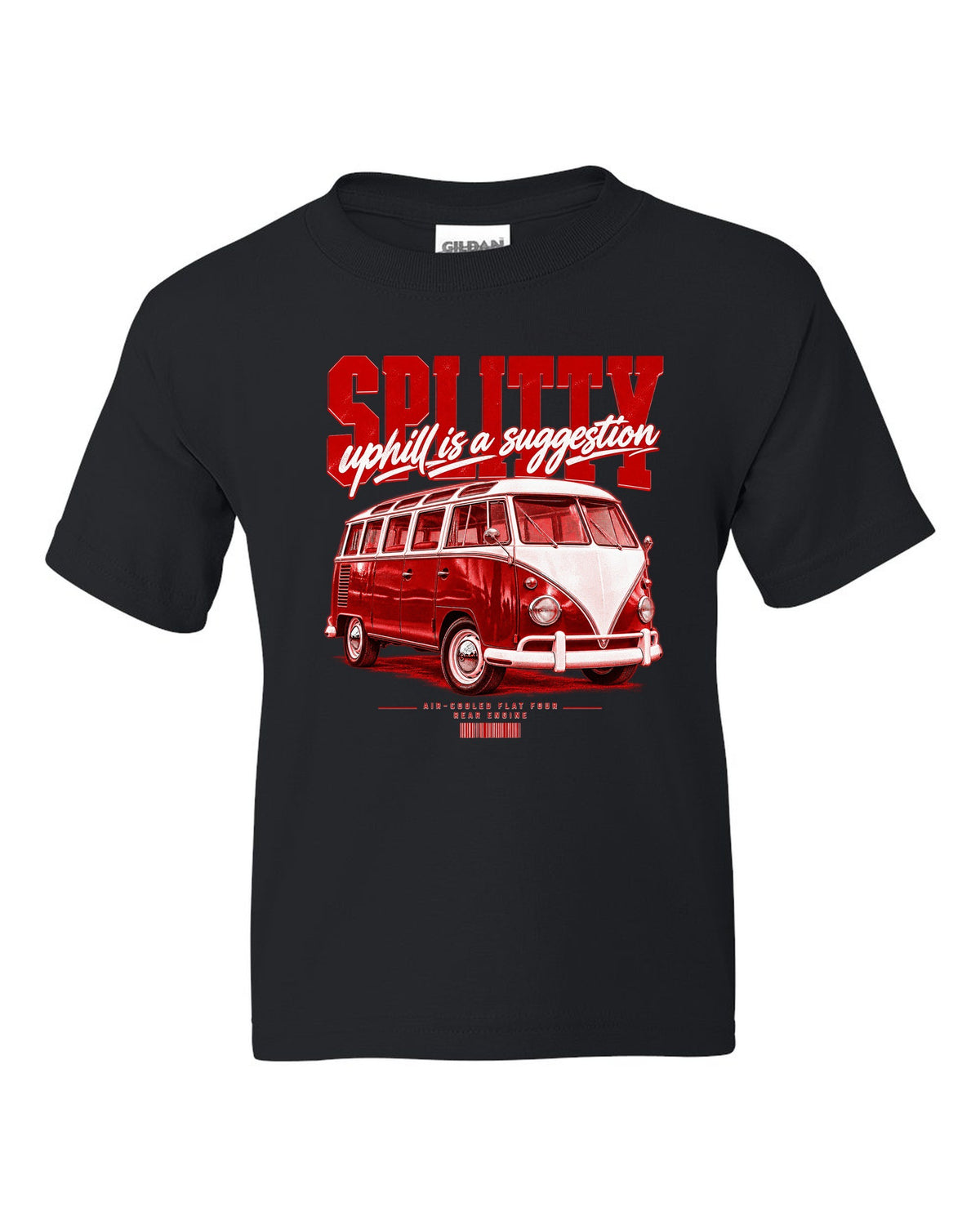 Street poster print of a 1963 VW T1 split-window bus with air-cooled flat-four text black kids tee front view with the design