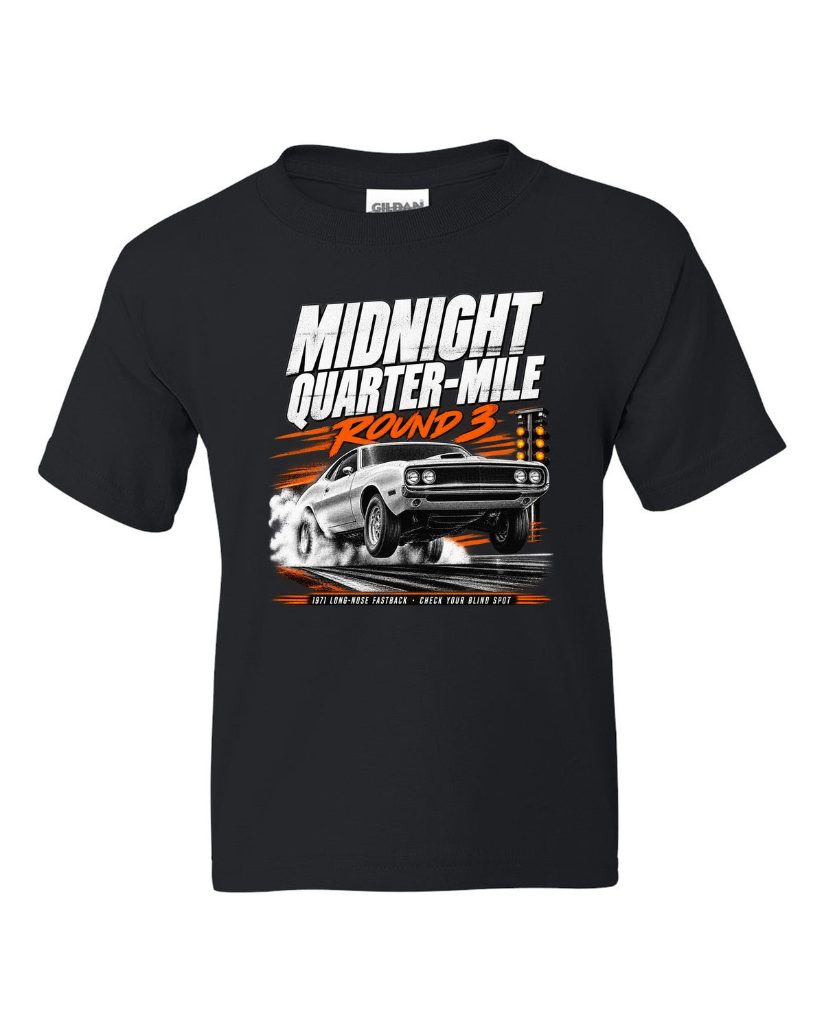 Race poster illustration of a 1971 Ford Mustang long-nose fastback titled midnight quarter-mile black kids tee front view with the design