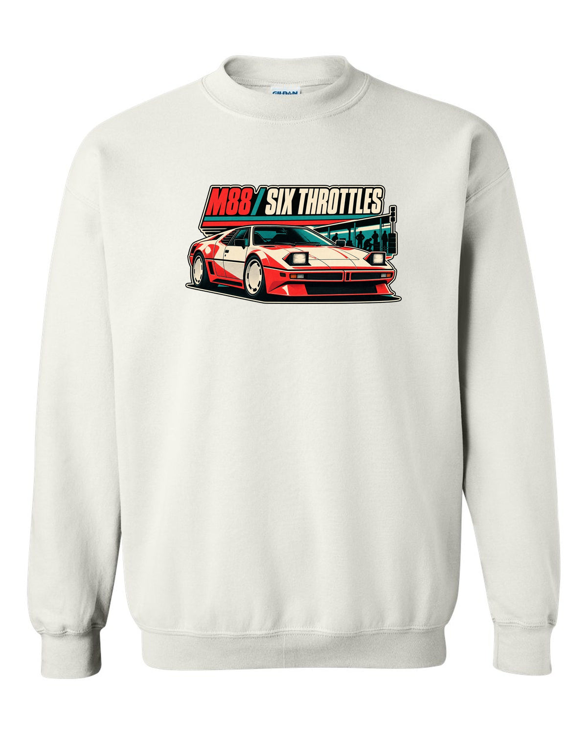 Vintage race poster print of a BMW M1 E26 with M88 six throttles lettering white crewneck front view with the design