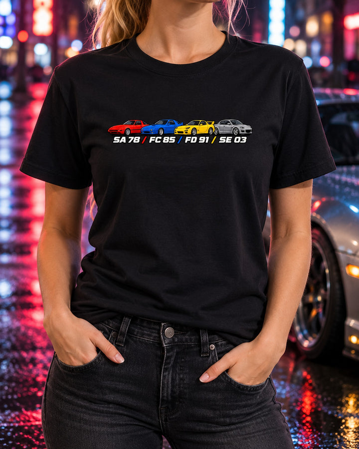 Mazda Rotary Lineup Shirt: SA22C, FC3S, FD3S and RX-8 T-Shirt Black worn hero