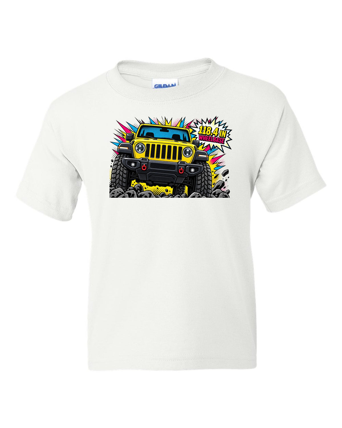 Jeep Wrangler JLU grille and headlight comic halftone pop art with 118.4 in wheelbase text white kids tee front view with the design