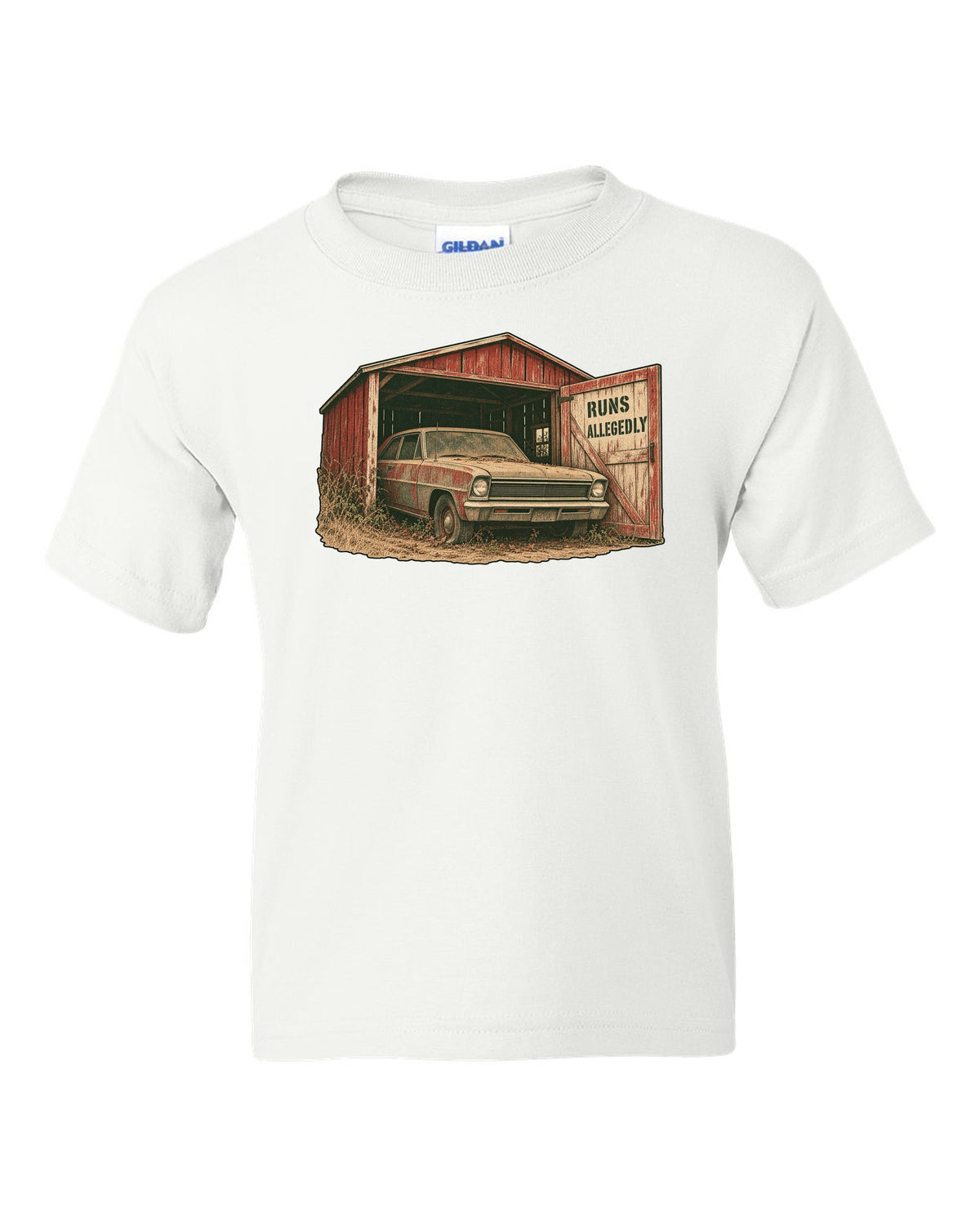 1966 Chevy II Nova in a grainy two-colour risograph barn find design with the text Runs Allegedly white kids tee front view with the design