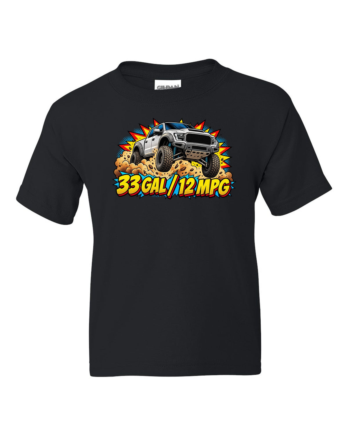 Comic halftone print of an airborne 2021-2024 Ram 1500 TRX with 33 gal 12 mpg text black kids tee front view with the design