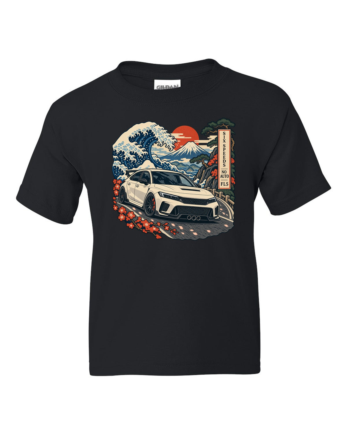 Ukiyo-e woodblock print of a 2023 Honda Civic Type R FL5 on a Fuji pass with six speeds no auto text black kids tee front view with the design