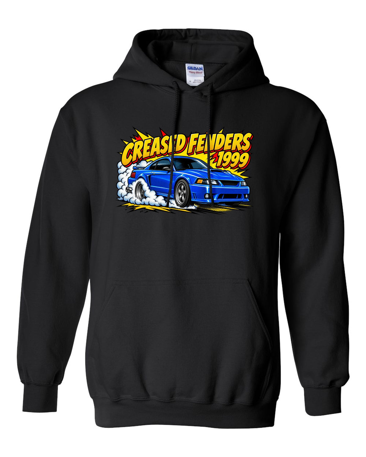 Comic halftone pop art 1999-2004 New Edge Ford Mustang coupe with burnout smoke black pull over hoodie front view with the design