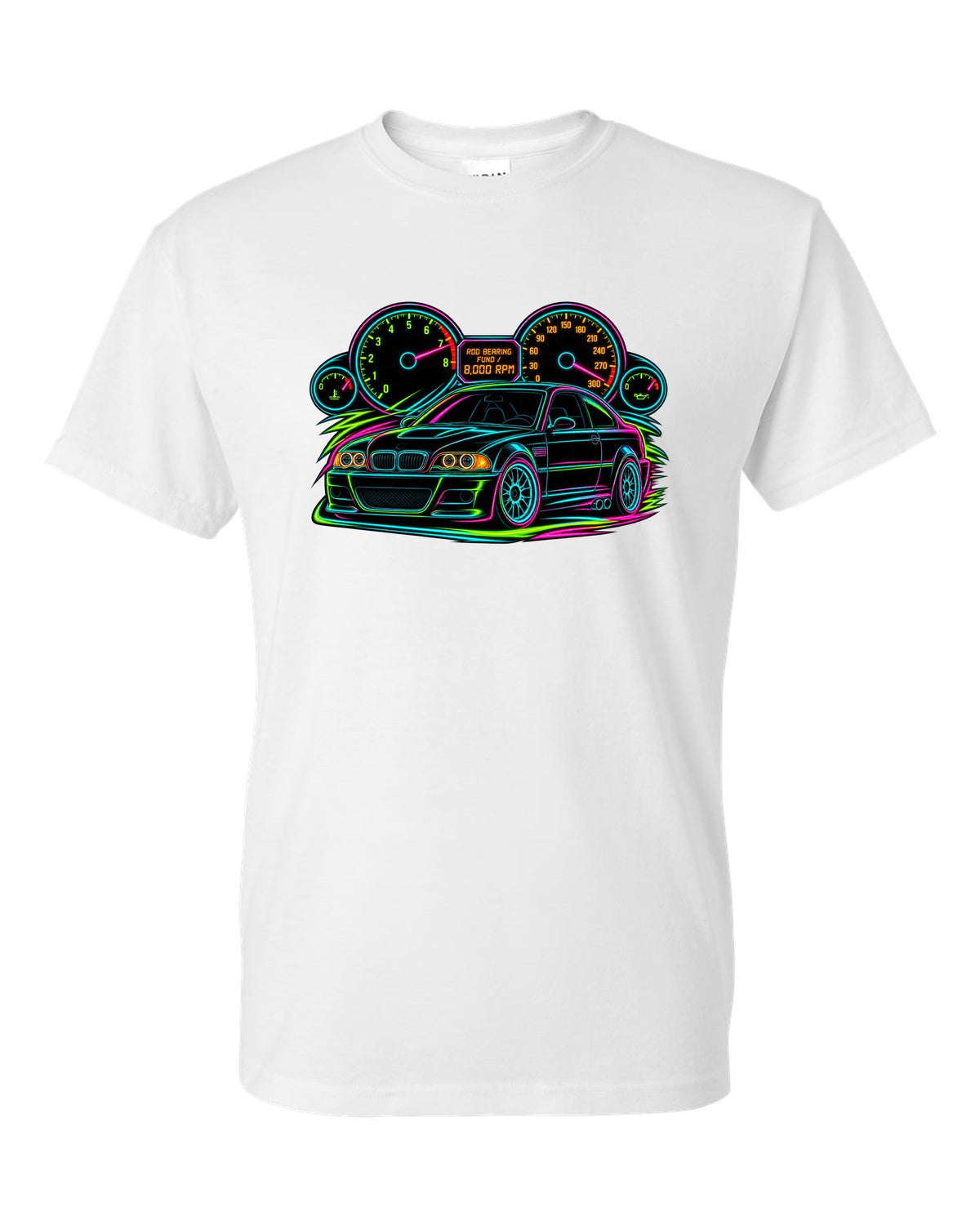 Neon line art redline gauge of a BMW E46 M3 coupe with 8,000 RPM and rod bearing fund text white t-shirt front view with the design