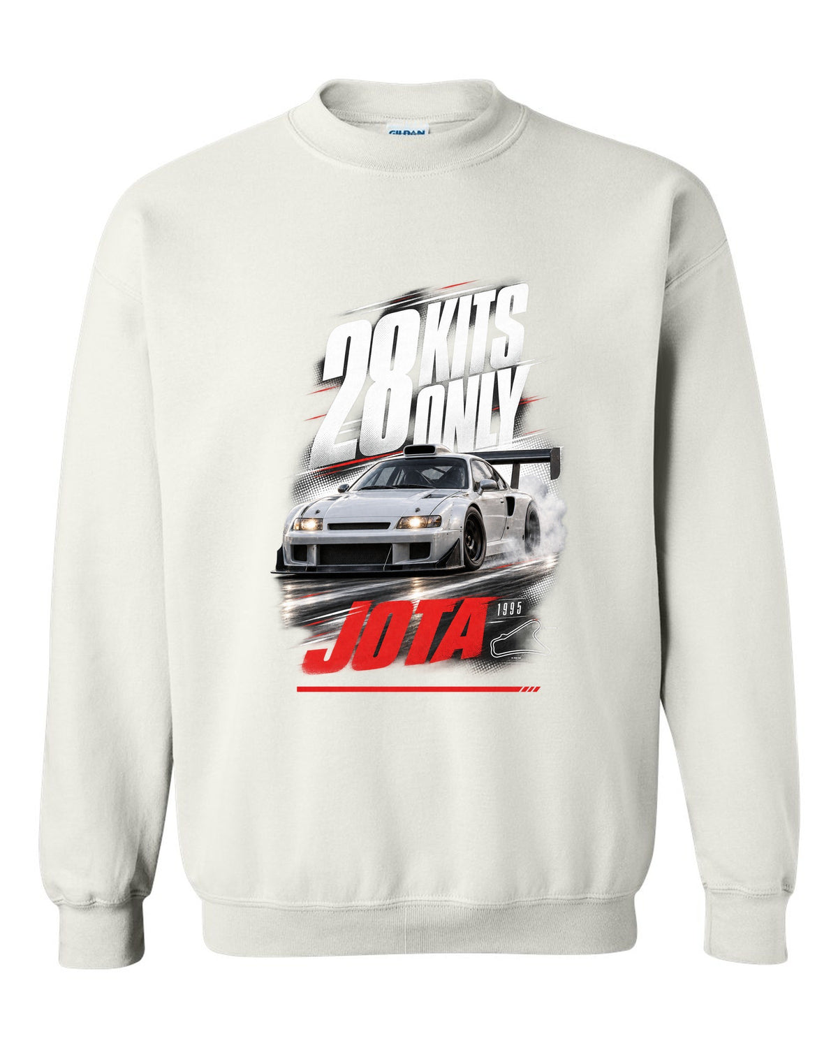 Race poster print of a Lamborghini Diablo SE30 Jota with 28 kits only text white crewneck front view with the design