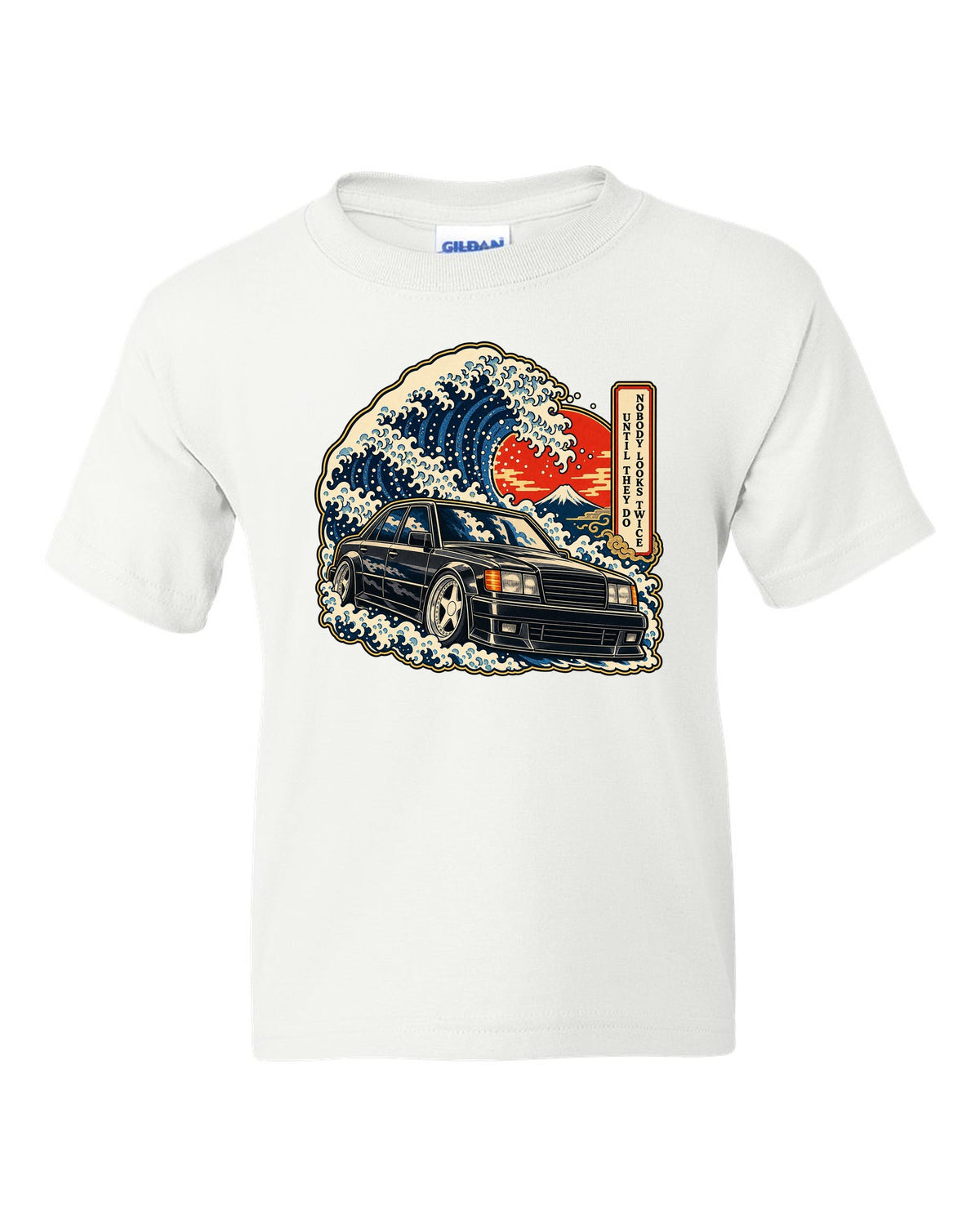 Ukiyo-e woodblock wave over a Mercedes 300E Hammer W124 with caption text white kids tee front view with the design