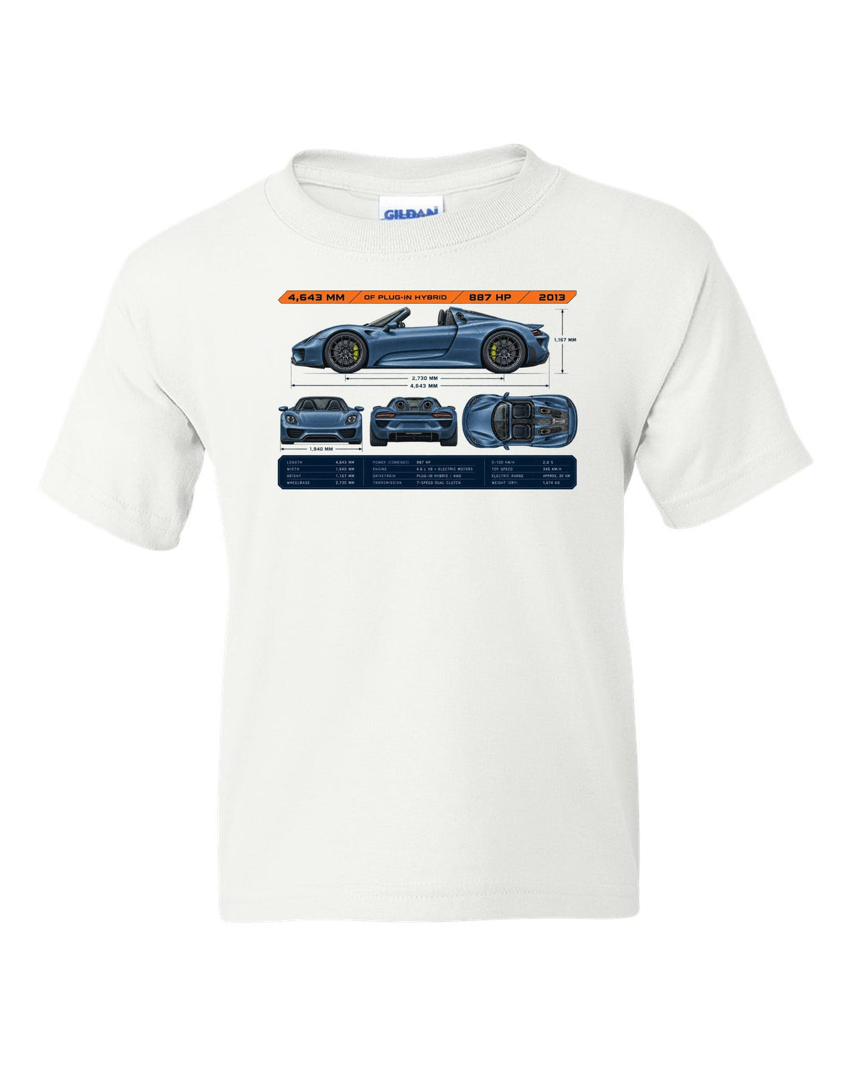 Porsche 918 Spyder dimension blueprint print design white kids tee front view with the design