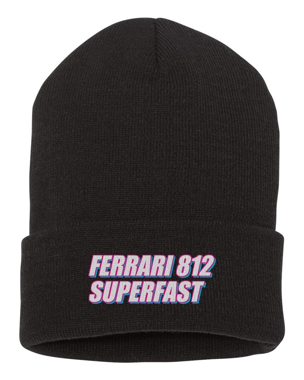 Ferrari 812 Superfast black beanie front view with car name