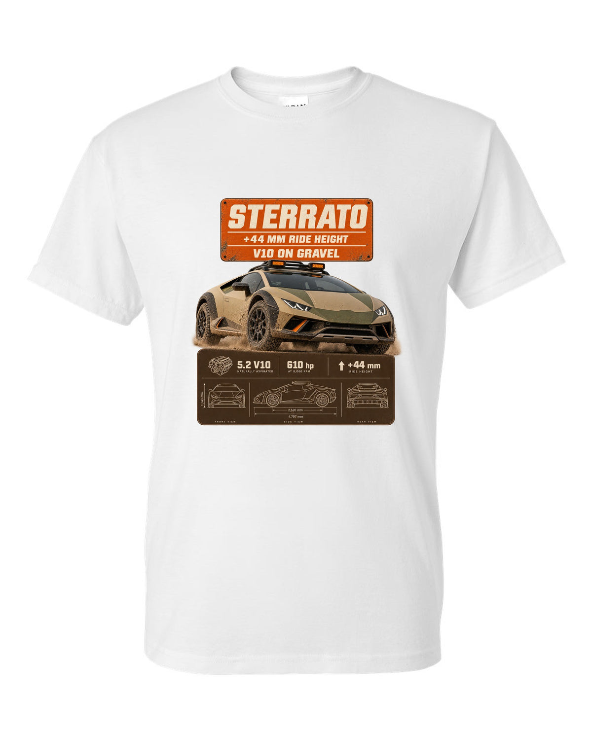 Spec poster print of the Lamborghini Huracan Sterrato white t-shirt front view with the design