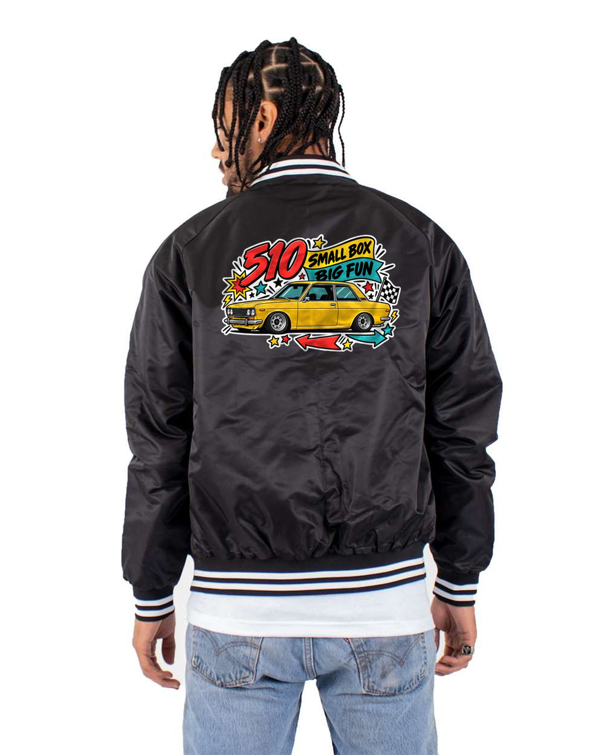Datsun 510 Sticker Bomb Tee, Small Box Big Fun print Bomber Jacket Black back