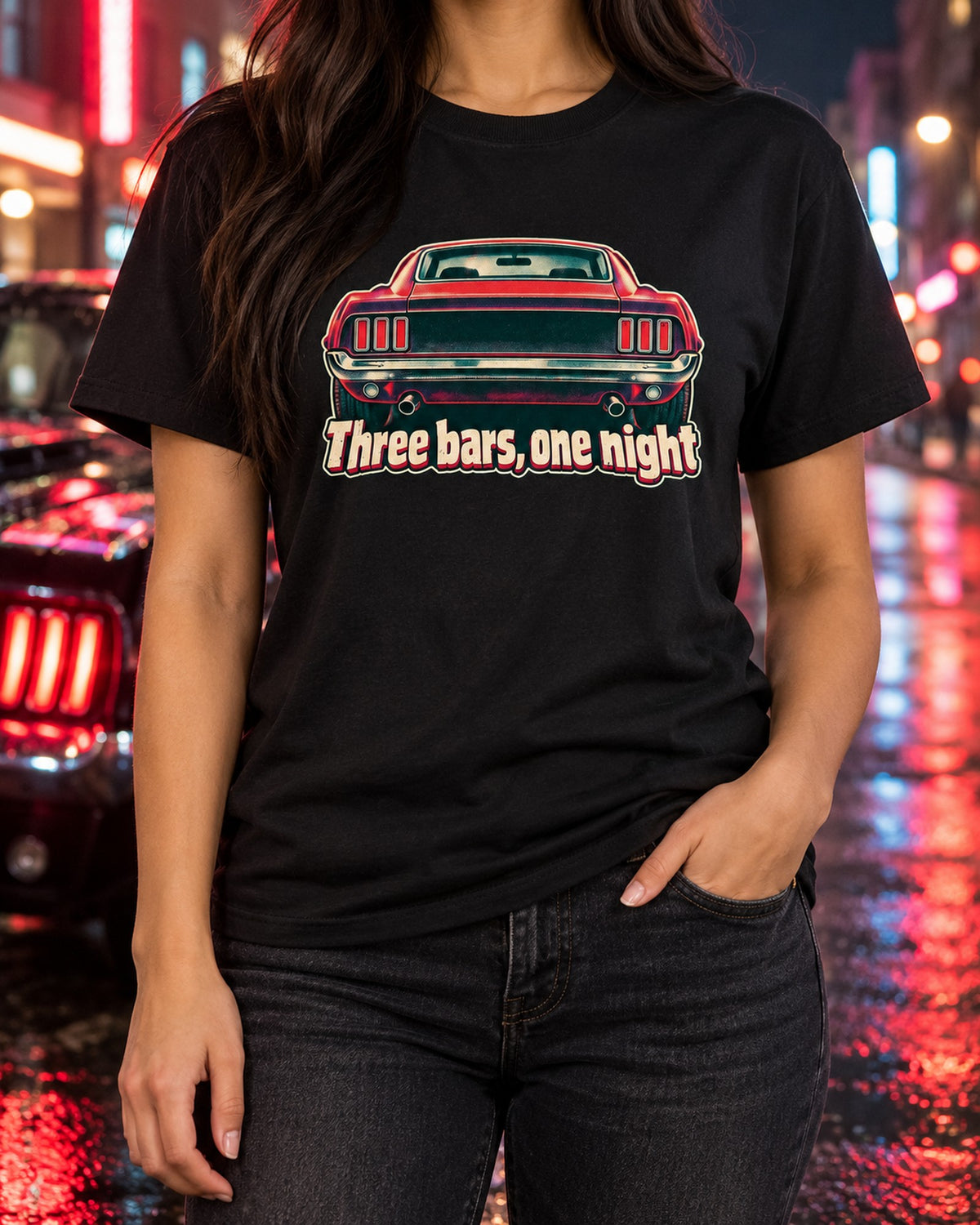 1969 Ford Mustang Fastback Three Bars Taillight Riso Tee T-Shirt Black worn hero