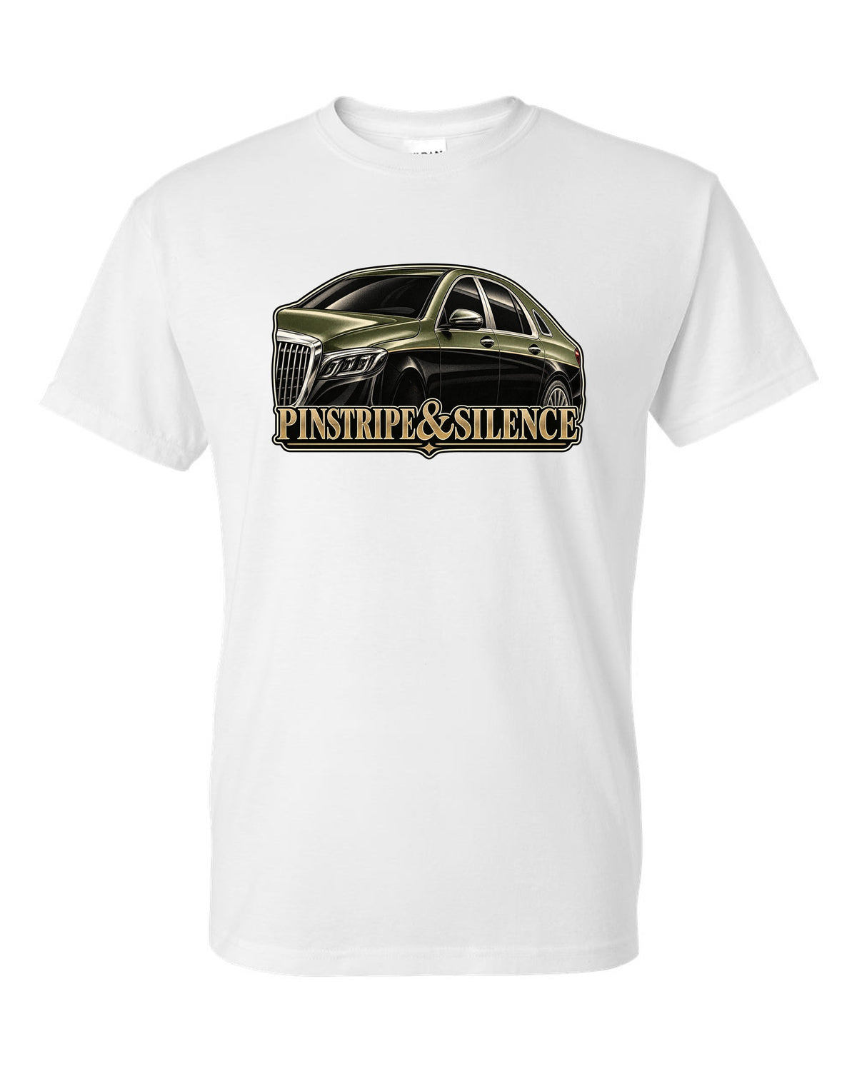 Duotone screenprint of a two-tone Mercedes-Maybach S-Class W222 with Pinstripe and Silence text white t-shirt front view with the design